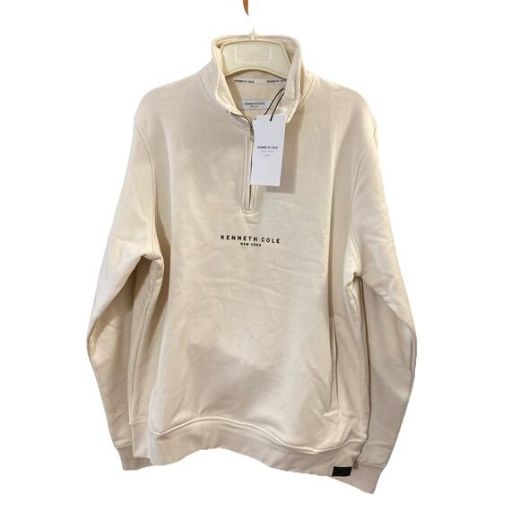 Kenneth Cole Men’s Pullover Fleece Sweatshirt Sz M NWT Cream 1/4 Zip $79 Pocket - Picture 1 of 9